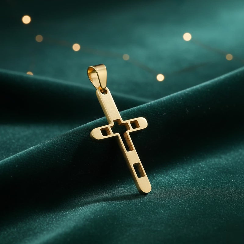 A large gold-tone cross pendant (chain not included), crafted from rust-resistant stainless steel, featuring an elegant openwork design. A modern accessory that adds a touch of distinction and spirituality to your look. - Image 2